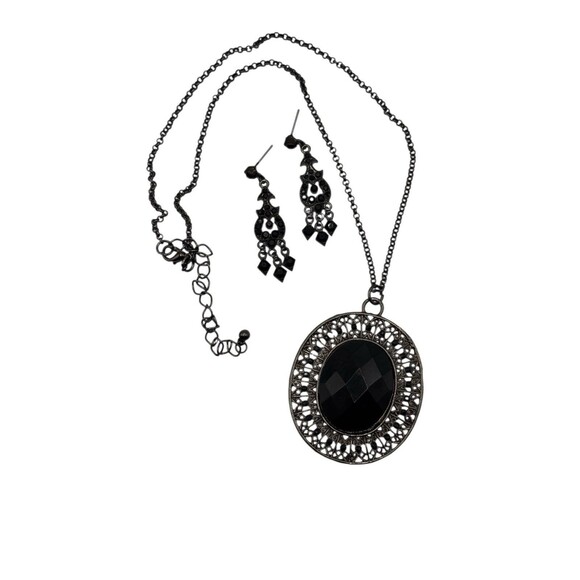 Whimsigoth Black Oval Pendant Necklace & Earrings Romantic Victorian Inspired - Picture 10 of 10